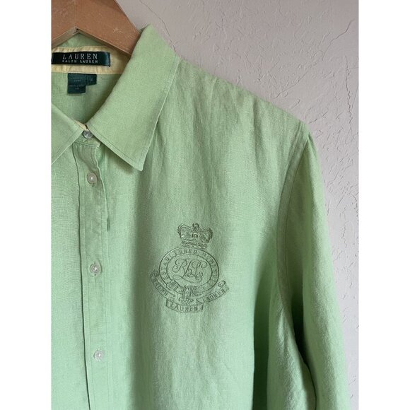 Lauren Ralph Lauren 1X Lime Green Embroidered Crest 3/4 Sleeve Button Up Collare - Picture 3 of 6